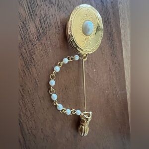 Vintage Gold Locket Stick Pin with Pearl Chain and Charm